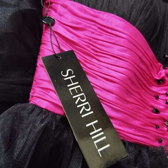 Final Chance Sale Sherri Hill Beaded Strapless Black Fuchia Tulle Dress - Picture 14 of 15
